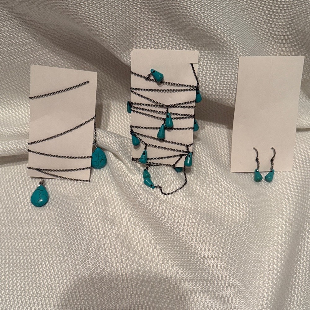 Womens Gunmetal Faux Turquoise Teardrop Necklace Bracelet Earrings Jewelry Set